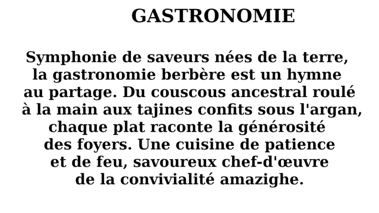 Symphonie de saveurs nées de la terre, la gastronomie berbère est un hymne au partage. Du couscous ancestral roulé à la main aux tajines confits sous l'argan, chaque plat raconte la générosité des foyers. Une cuisine de patience et de feu, savoureux chef-d'œuvre de la convivialité amazighe.